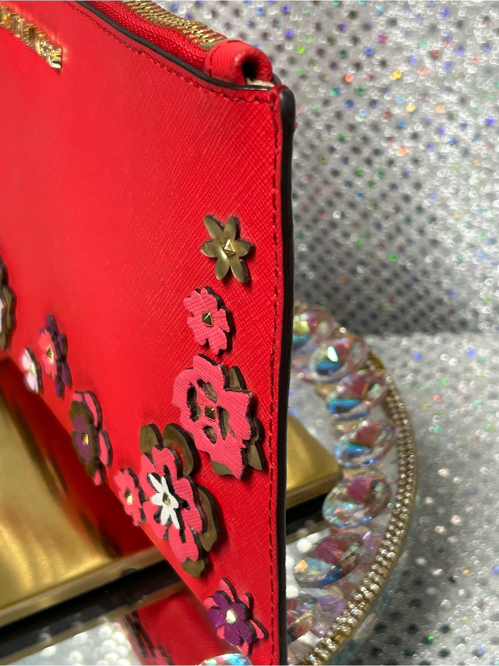 Michael Kors Reddish Orange Floral Appliqué Saffiano Wristlet Approx. 10 x 6 - Picture 5 of 16